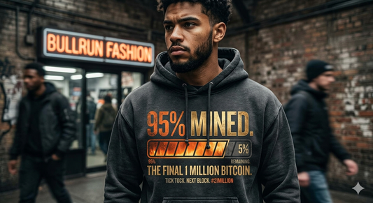 unger Mann trägt Hoodie mit Aufschrift 95 Prozent Bitcoin Mined vor Bullrun Fashion Store – Symbol für Bitcoin Knappheit