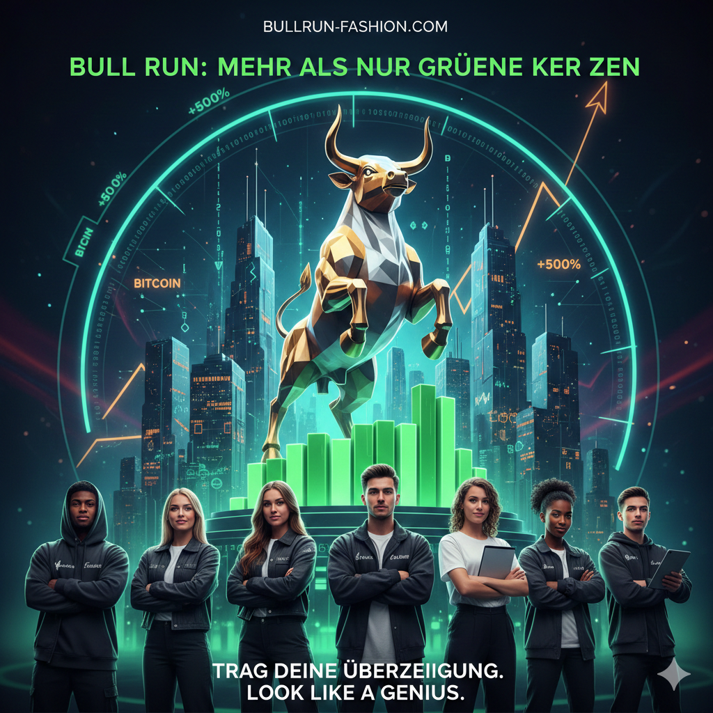 Stilisierter goldener Bulle über Chart-Kurven und Models in Krypto-Fashion