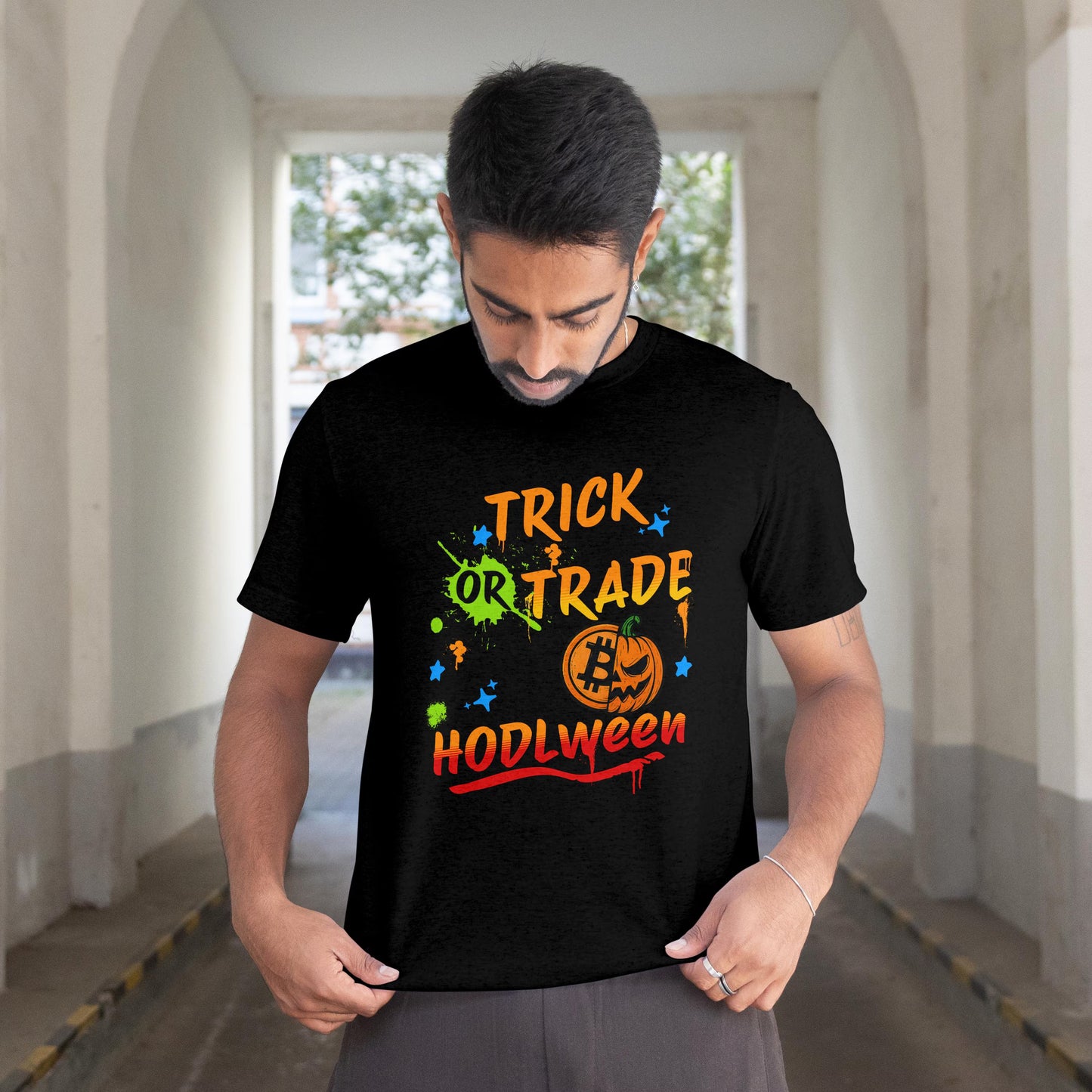 T-Shirt Halloween Bitcoin HODLween Kürbis Trick or Trade BTC lustiges Geschenk Blockchain Männer Frauen Unisex
