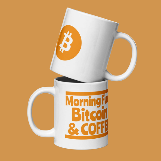 weiße glänzende Tasse Bitcoin Krypto Morning Fuel Coffee lustiges Geschenk BTC Blockchain Männer Frauen