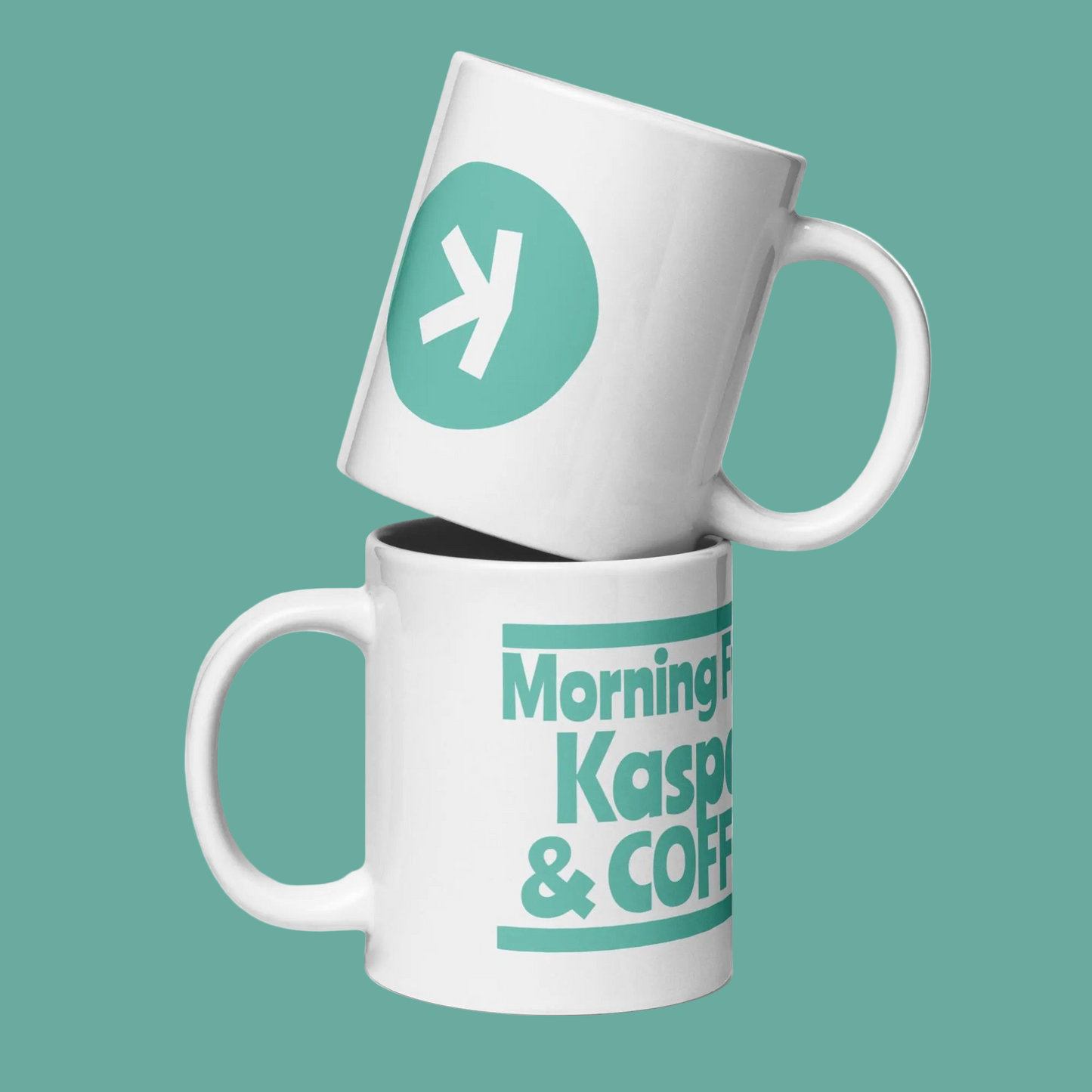 weiße glänzende Tasse Kaspa Krypto Morning Fuel Coffee lustiges Geschenk KAS Blockchain Männer Frauen