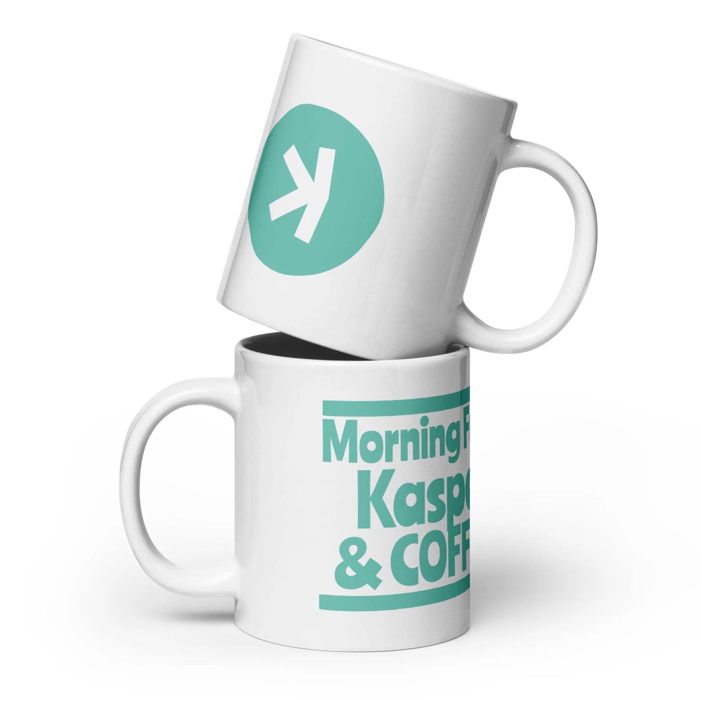 weiße glänzende Tasse Kaspa Krypto Morning Fuel Coffee lustiges Geschenk KAS Blockchain Männer Frauen