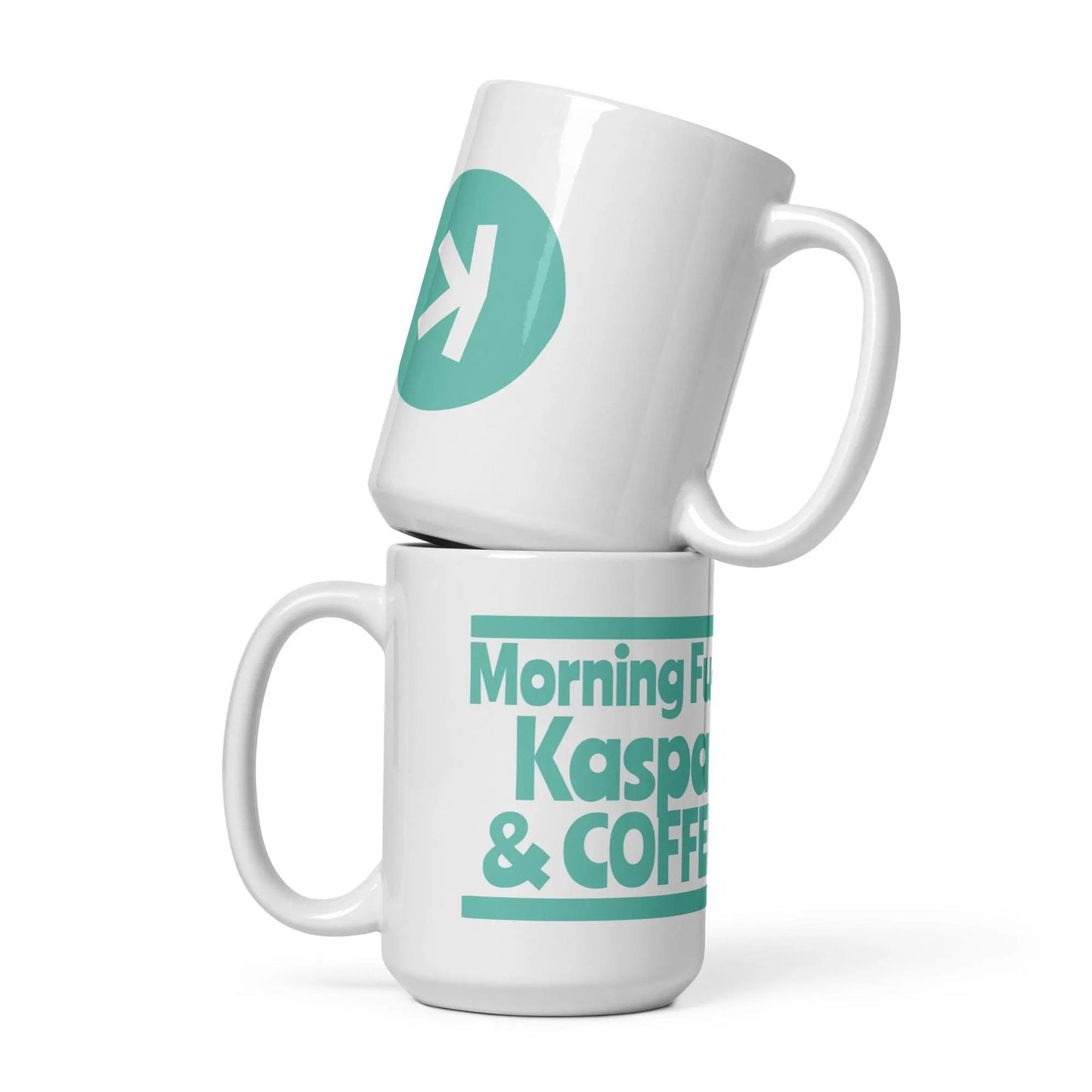 weiße glänzende Tasse Kaspa Krypto Morning Fuel Coffee lustiges Geschenk KAS Blockchain Männer Frauen