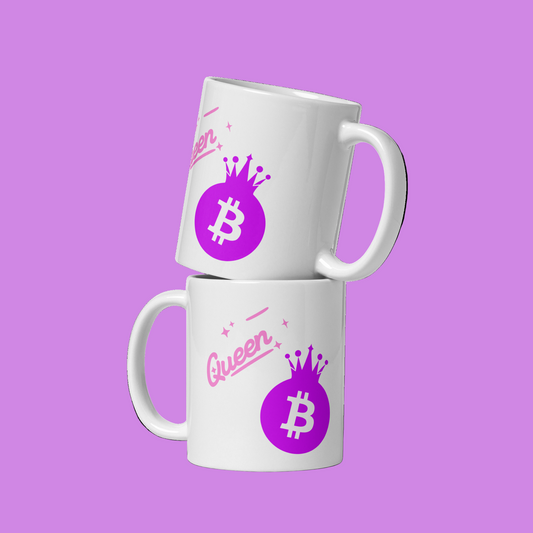 weiße glänzende Tasse Bitcoin Queen B Krypto lustiges Geschenk BTC Blockchain Frauen
