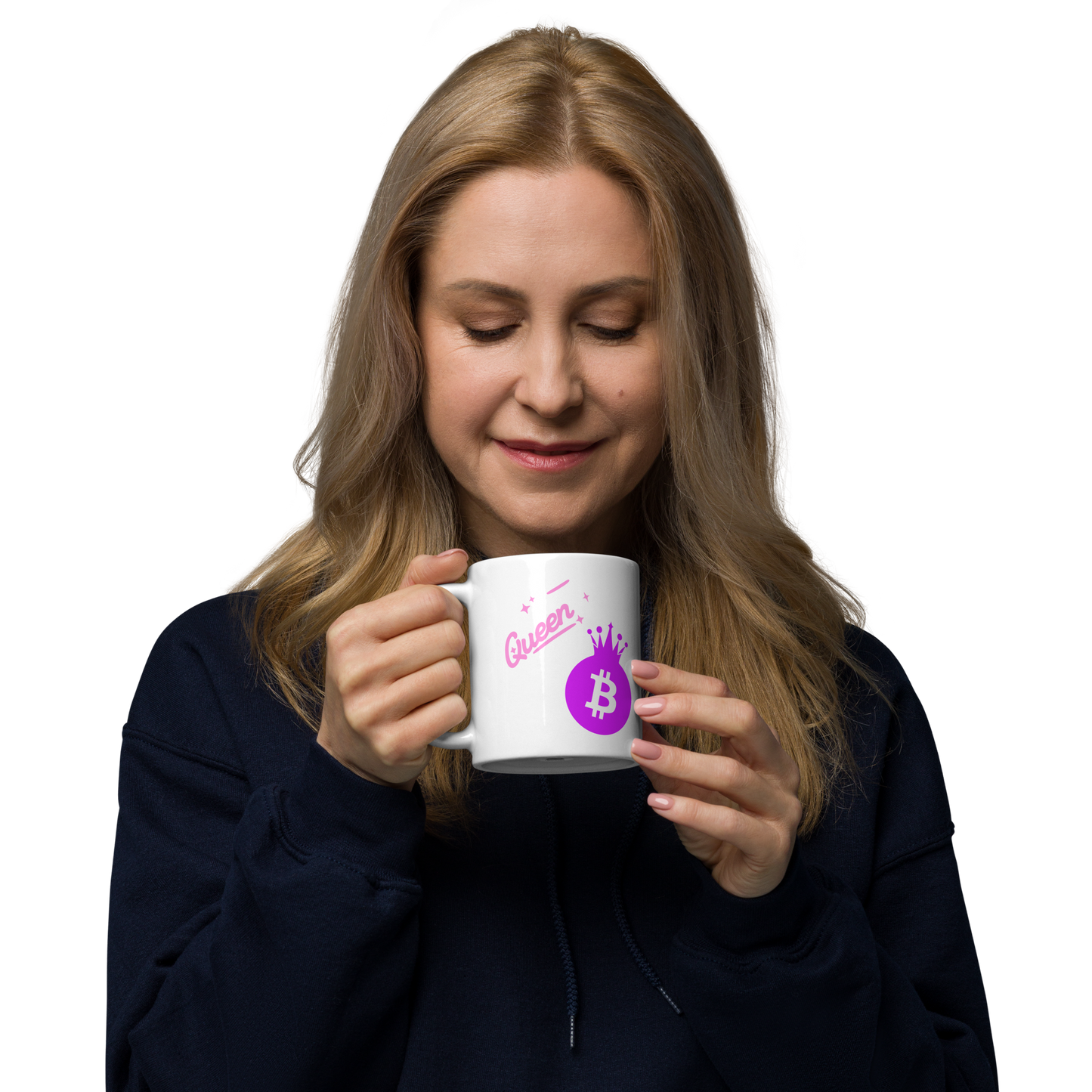 weiße glänzende Tasse Bitcoin Queen B Krypto lustiges Geschenk BTC Blockchain Frauen