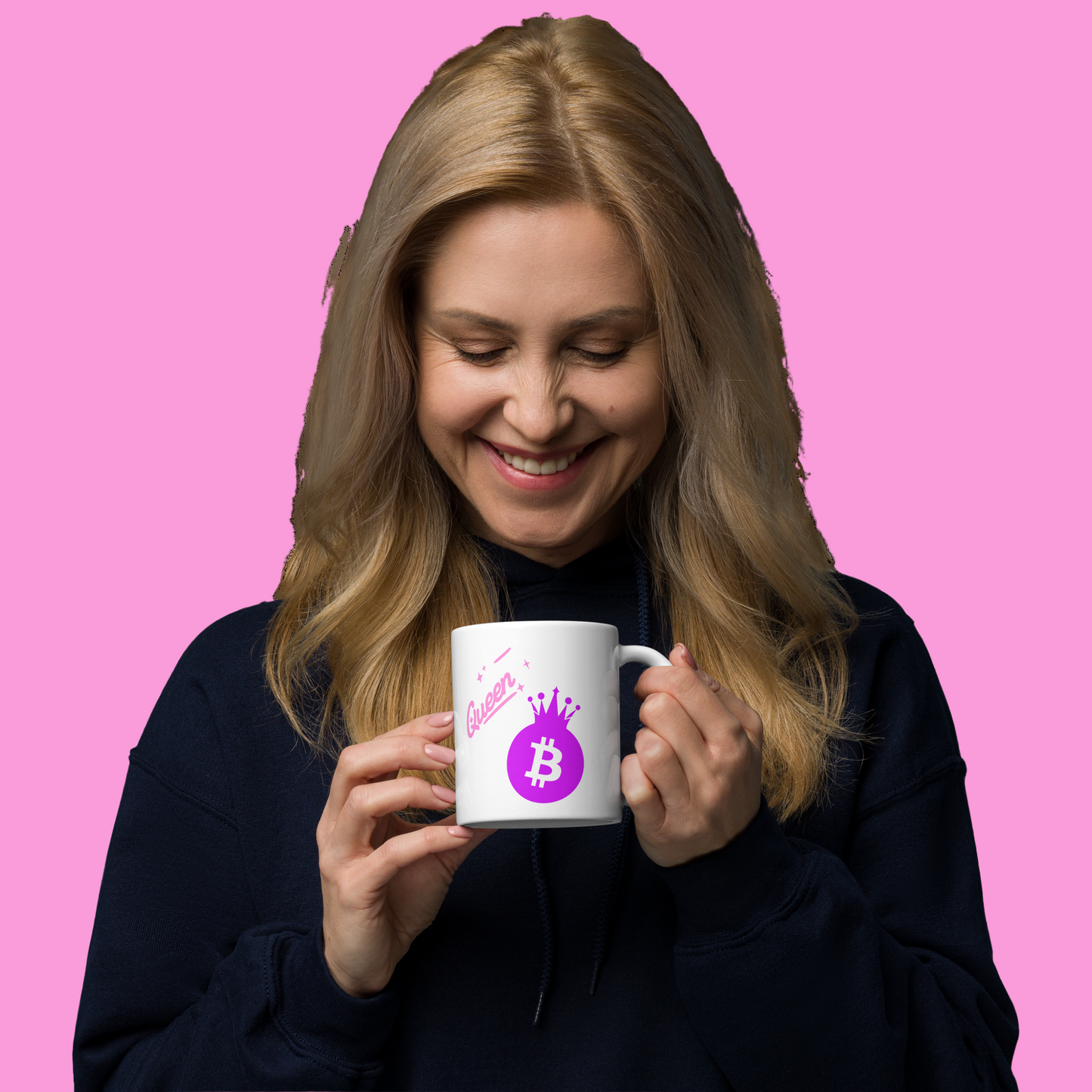 weiße glänzende Tasse Bitcoin Queen B Krypto lustiges Geschenk BTC Blockchain Frauen