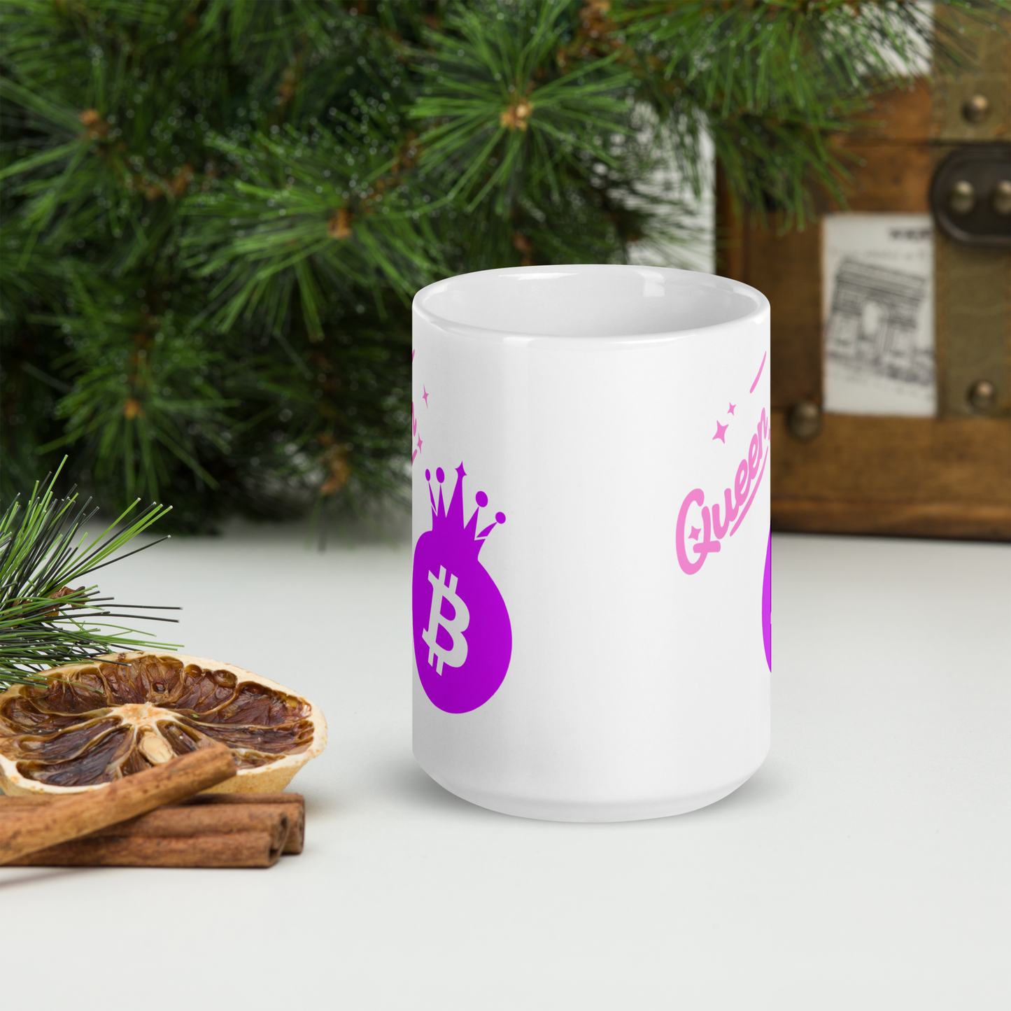 weiße glänzende Tasse Bitcoin Queen B Krypto lustiges Geschenk BTC Blockchain Frauen