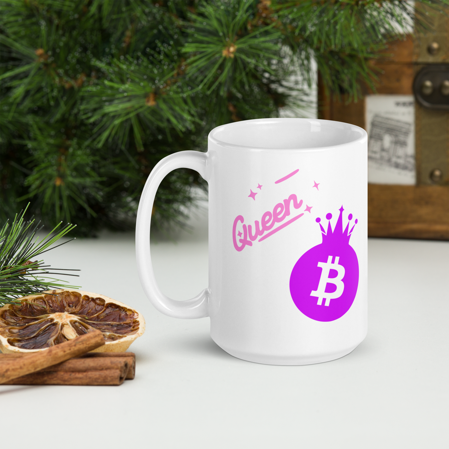 weiße glänzende Tasse Bitcoin Queen B Krypto lustiges Geschenk BTC Blockchain Frauen