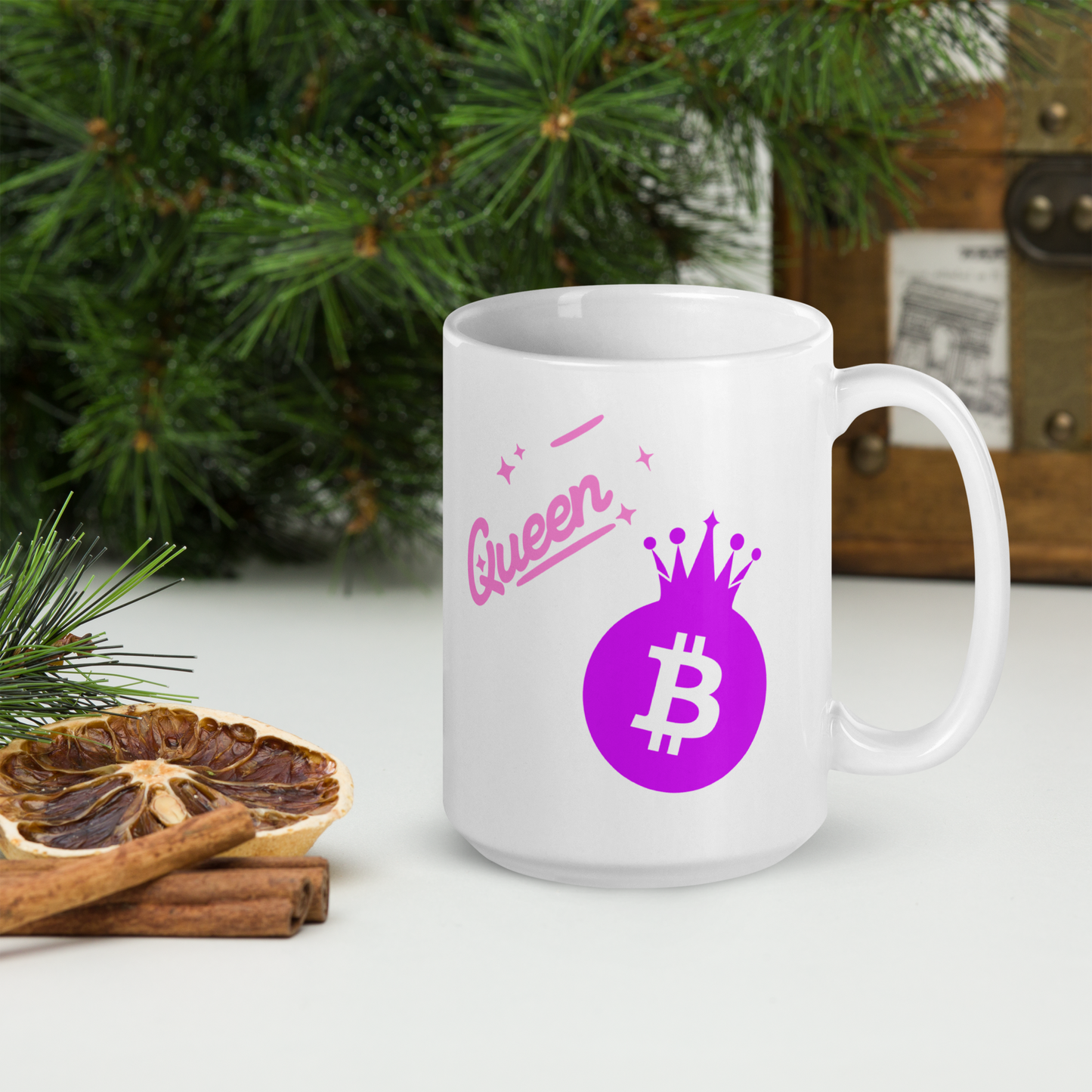 weiße glänzende Tasse Bitcoin Queen B Krypto lustiges Geschenk BTC Blockchain Frauen